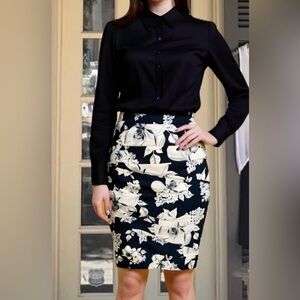 Classy Black White Floral Print High Waist Skirt